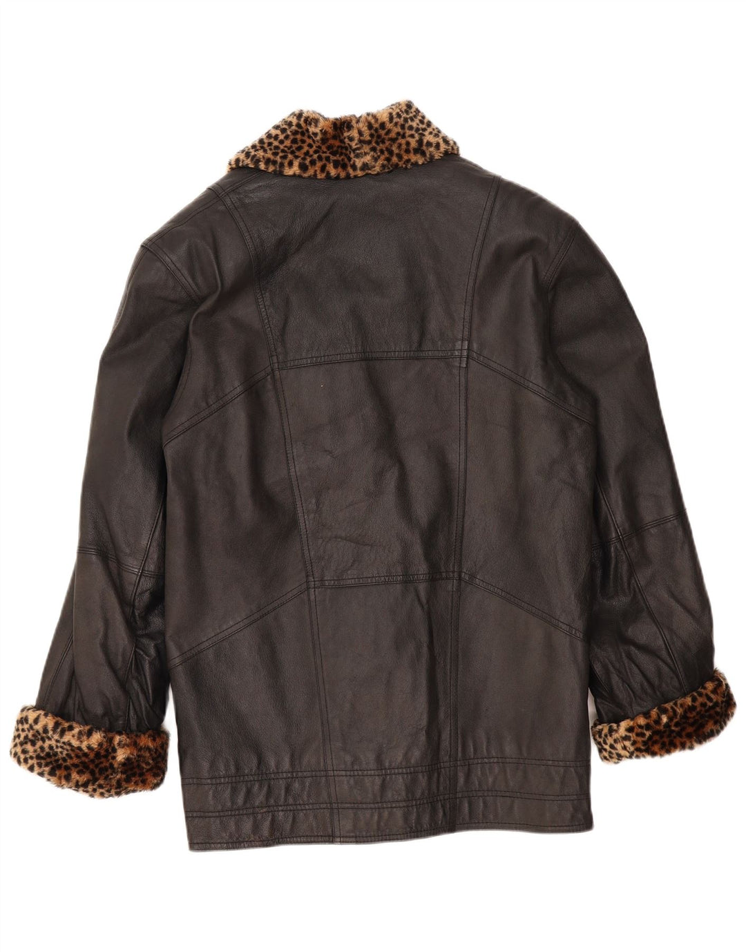 VINTAGE Γυναικείο δερμάτινο παλτό UK 10 Small Black Animal Print
