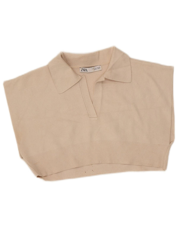 Zara Γυναικείο Αμάνικο Πόλο Μπλουζάκι UK 10 Small Beige