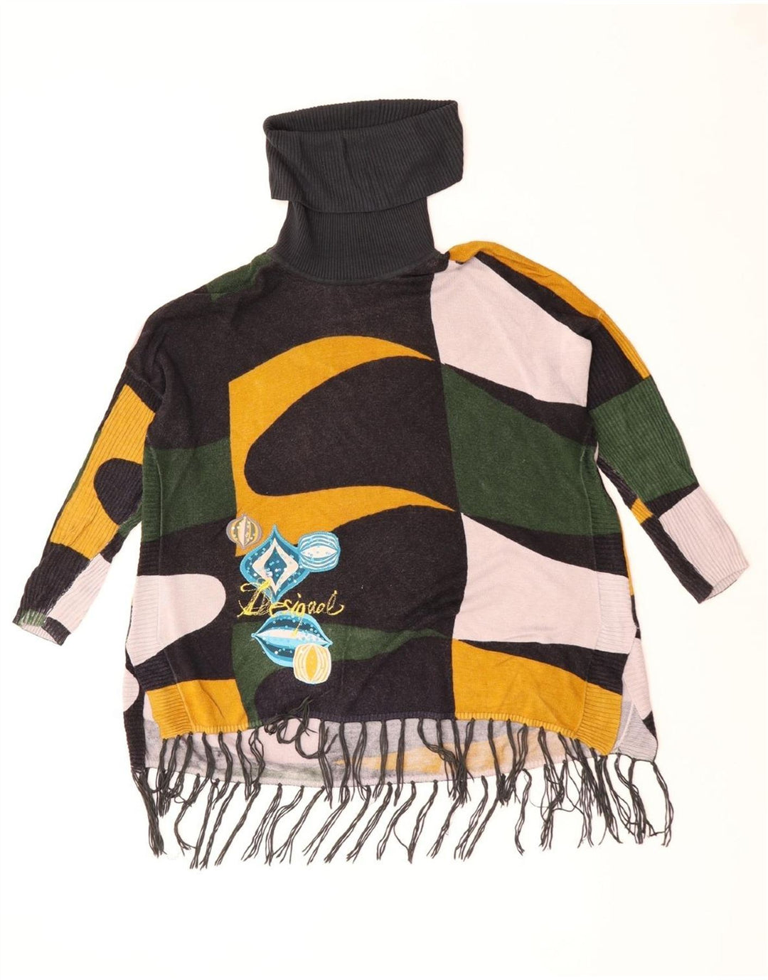 Desigual γυναικείο πουλόβερ με ρολό λαιμόκοψη UK 10 Small Green Geometric