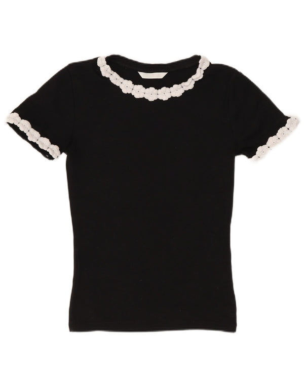 Zara Γυναικείο T-Shirt T-Shirt Top UK 8 Small Black Floral Βαμβακερό