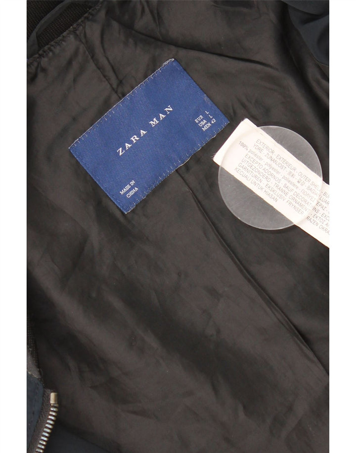 Zara Ανδρικό Bomber Jacket UK 40 Large Navy Blue Polyester