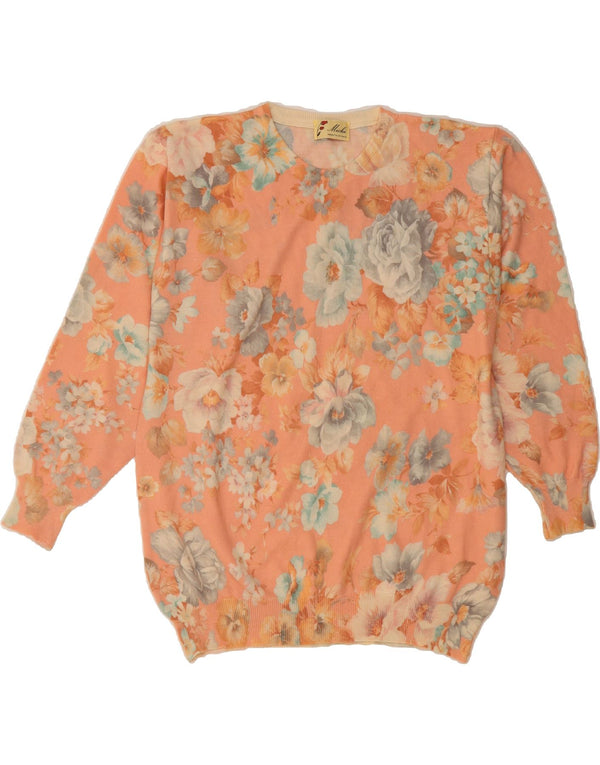 VINTAGE Γυναικείο πουλόβερ με λαιμόκοψη UK 18 XL Ροζ λουλουδάτο μαλλί