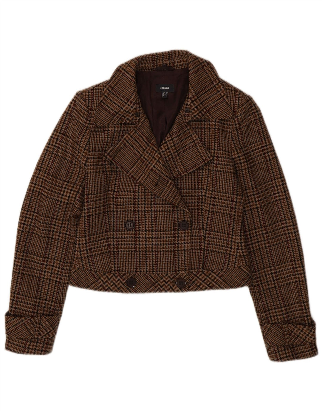 Γυναικείο παλτό Mexx Crop Pea UK 14 μεγάλο καφέ Houndstooth παρθένο μαλλί