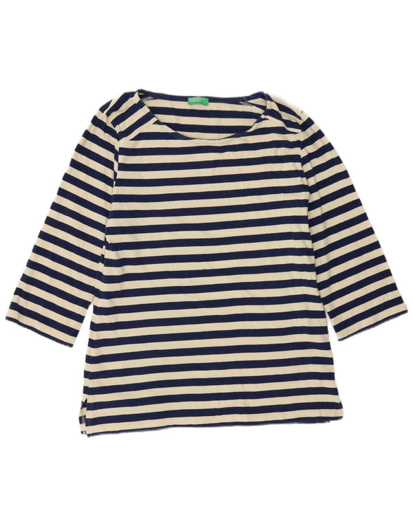 Benetton γυναικείο τοπ 3/4 μανίκια UK 10 Small Navy Blue ριγέ βαμβακερό
