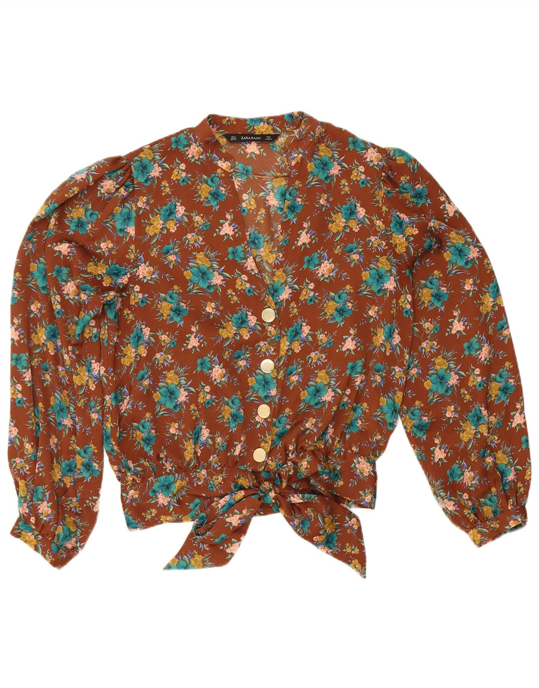 Zara γυναικείο πουκάμισο μπλούζα UK 10 Small Brown Floral Polyester