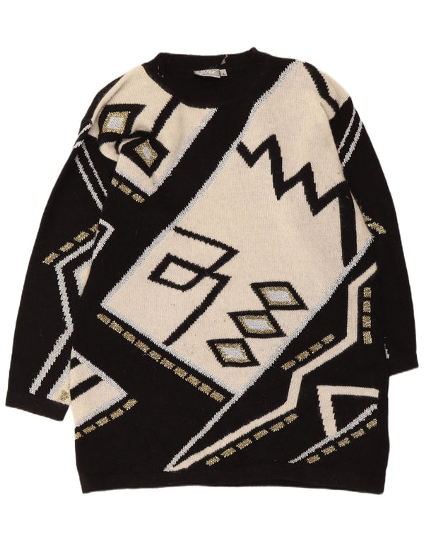 Vintage γυναικείο φόρεμα μπλούζας UK 16 Large Black Geometric Lambswool