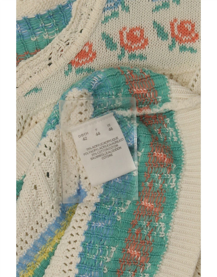 VINTAGE Γυναικείο πουλόβερ με λαιμό καραβάκι IT 46 μεγάλο λευκό φλοράλ ακρυλικό