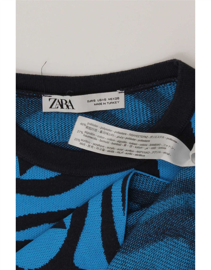 Zara Γυναικείο Αφηρημένο Μοτίβο Crop Top Μακρυμάνικο UK 8 Μικρό Μπλε Πολυεστέρας