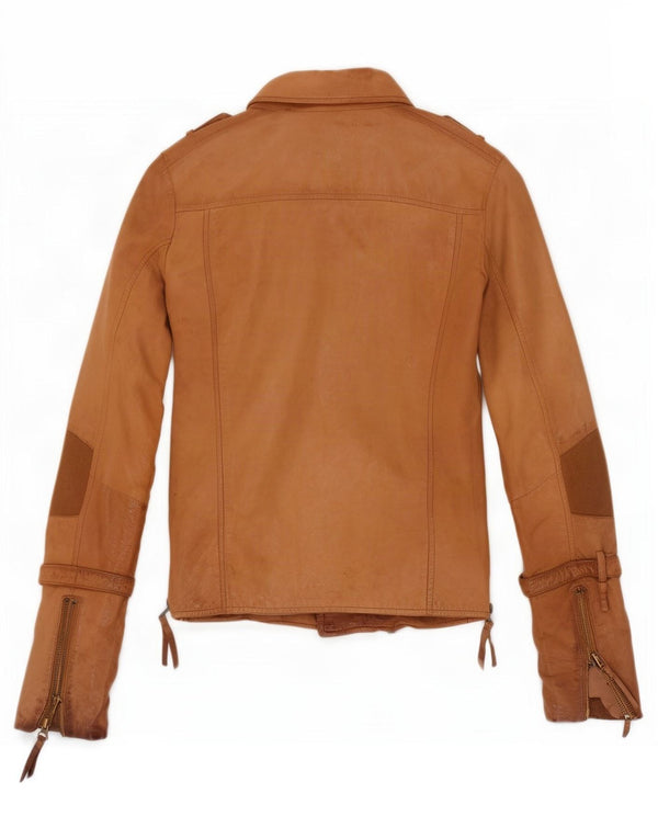 True Religion Womens Leather Biker Jacket UK 10 Small Beige Colourblock