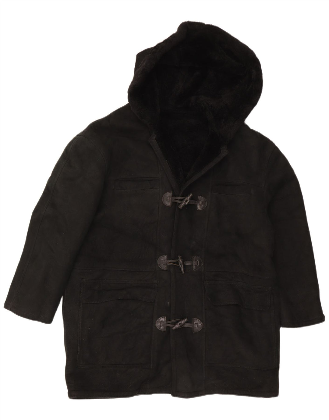 Vintage Γυναικείο παλτό Shearling με κουκούλα UK 16 Large Μαύρο