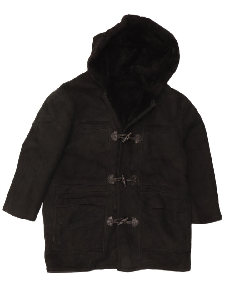 Vintage Γυναικείο παλτό Shearling με κουκούλα UK 16 Large Μαύρο