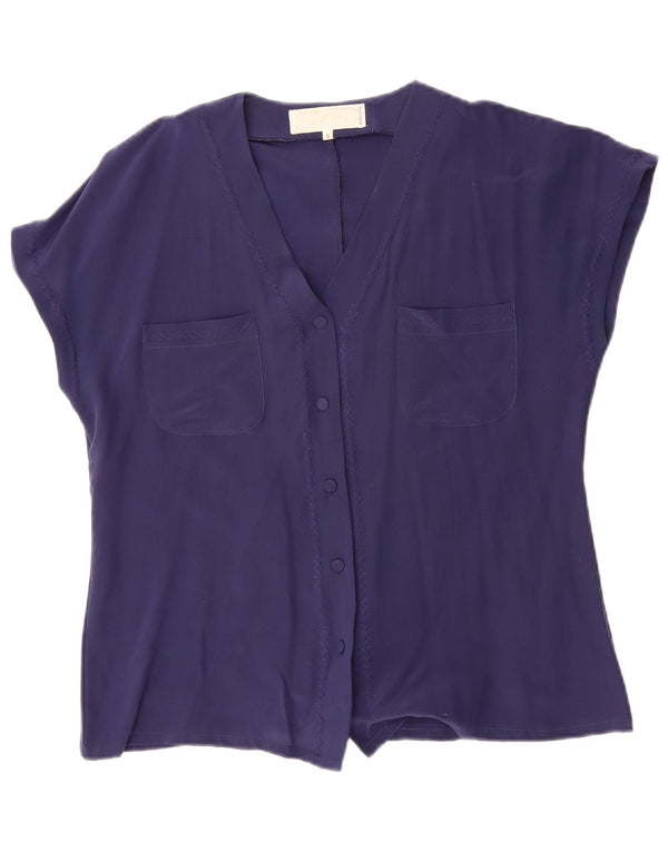 Vintage γυναικείο φαρδύ κοντομάνικο μπλούζα UK 10 Small Navy Blue Silk
