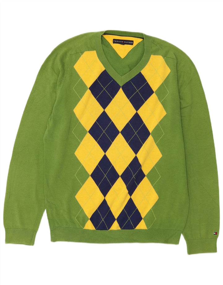 Ανδρικό πουλόβερ Tommy Hilfiger με V λαιμόκοψη, μεσαίο πράσινο Argyle/Diamond