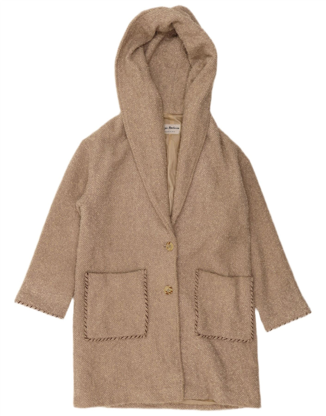 VINTAGE Γυναικείο πανωφόρι με κουκούλα UK 10 Small Beige Ψαροκόκκαλο