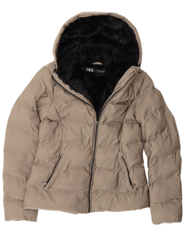 Zara Γυναικείο μπουφάν με κουκούλα Sherpa UK 10 Small Grey Polyester