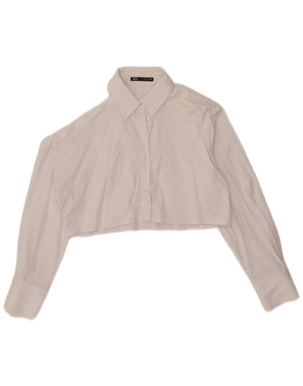 Zara Γυναικείο πουκάμισο Oversized Crop Μπλούζα UK 10 Small White Βαμβακερό