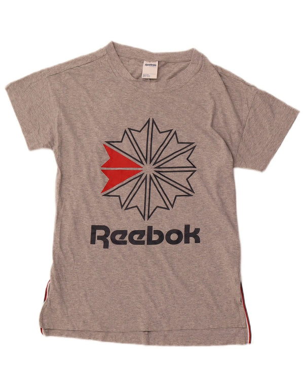 Γυναικείο κλασικό γραφικό μπλουζάκι REEBOK Top UK 12 μεσαίο γκρι βαμβακερό