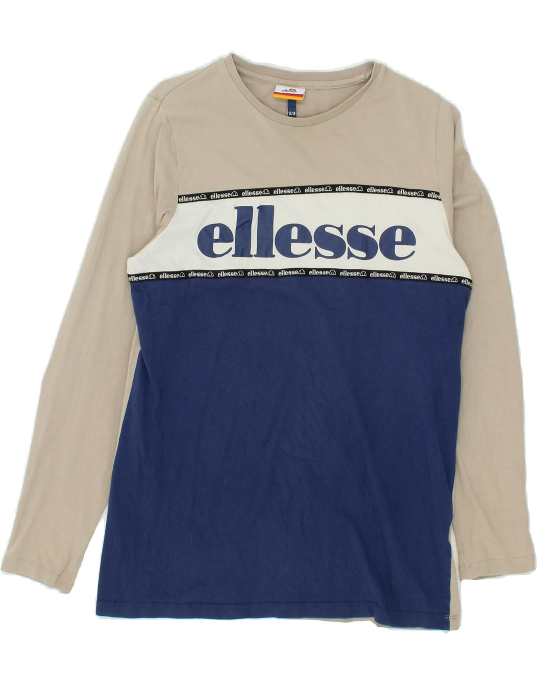 ELLESSE Boys Graphic Top Long Sleeve 13-14 Years Beige Colourblock Vintage Ellesse and Second-Hand Ellesse from Messina Hembry 