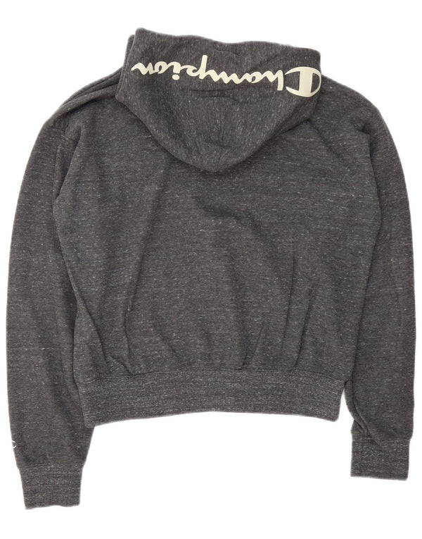 Champion Womens Graphic Crop Hoodie Jumper UK 14 Medium Grey Flecked Cotton
