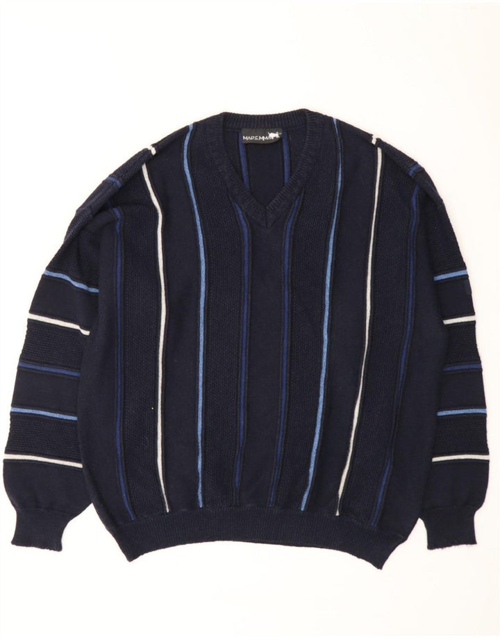 MAREMMA  Mens V-Neck Jumper Sweater IT 52 Large Navy Blue Striped Vintage Maremma and Second-Hand Maremma from Messina Hembry 