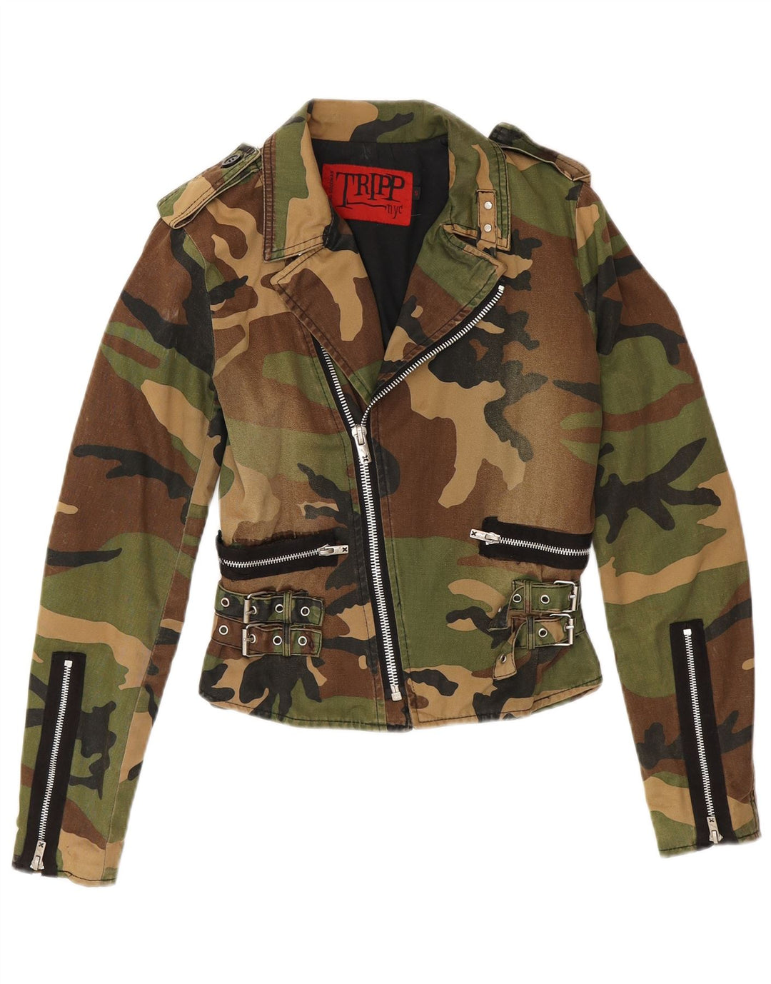 TRIPP NYC Γυναικείο Crop Military Jacket UK 10 Small Khaki Camouflage Cotton