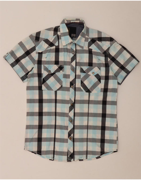 Jack & Jones Mens Short Sleeve Shirt Medium Turquoise Check Cotton