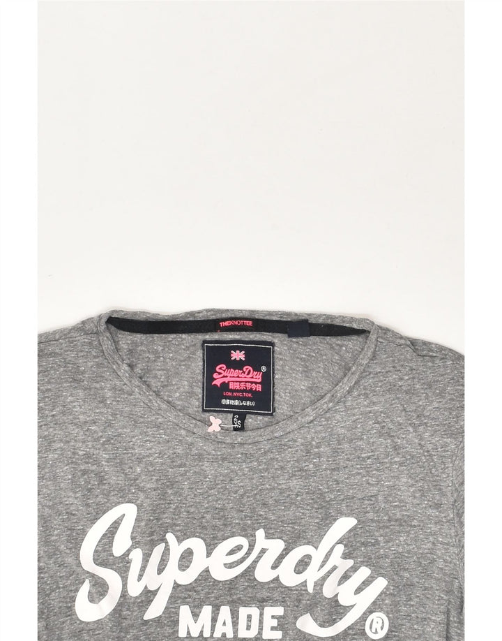 SUPERDRY Womens Front Tie Graphic T-Shirt Top UK 6 XS Grey Linen | Vintage Superdry | Thrift | Second-Hand Superdry | Used Clothing | Messina Hembry 