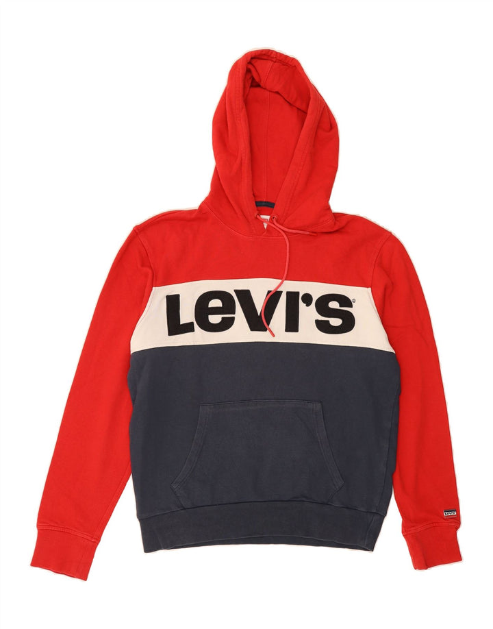 LEVI'S Mens Graphic Hoodie Jumper Medium Red Colourblock Cotton Vintage Levi's and Second-Hand Levi's from Messina Hembry 