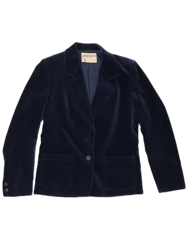 Jaeger Womens 2 Button Velvet Blazer Jacket UK 8 Small Navy Blue Cotton