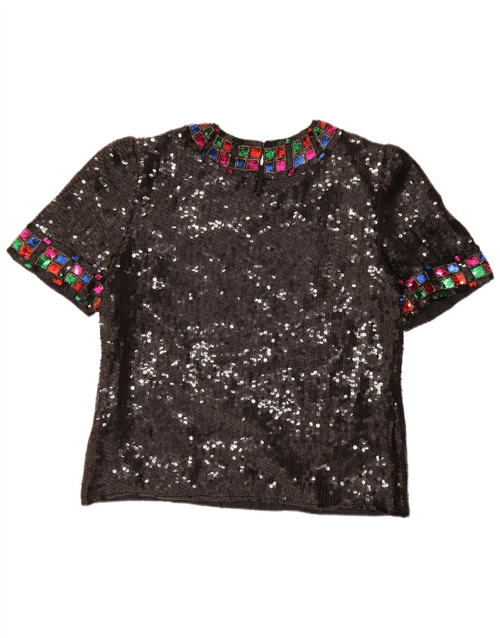 Vintage γυναικεία παγιέτα μπλούζα τοπ UK 16 Large Black Silk