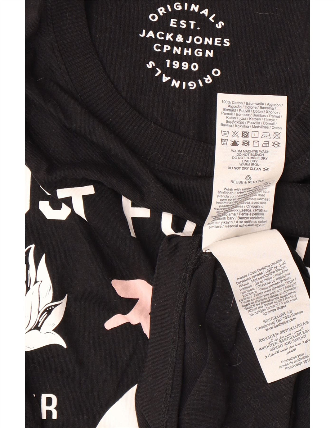 JACK & JONES Mens Graphic T-Shirt Top Medium Black Cotton
