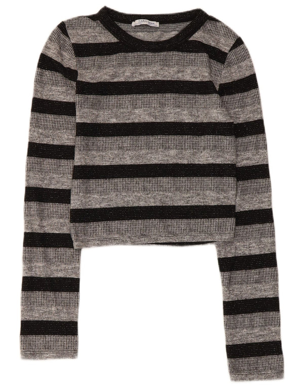 Zara Γυναικείο τοπ Trafaluc Crop μακρυμάνικο UK 8 Μικρός γκρι ριγέ πολυεστέρας