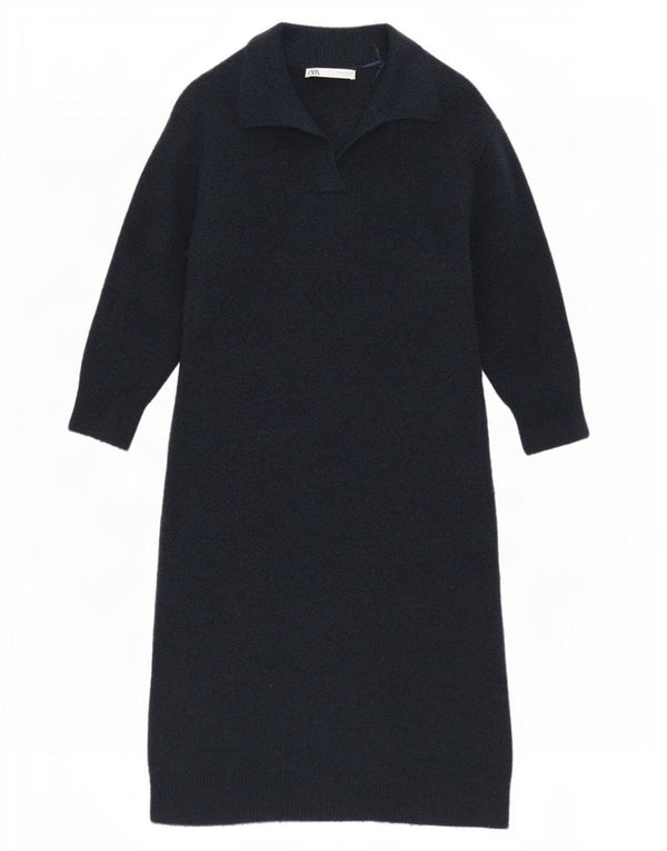 Zara Γυναικείο μακρυμάνικο φόρεμα UK 10 Small Navy Blue Acrylic