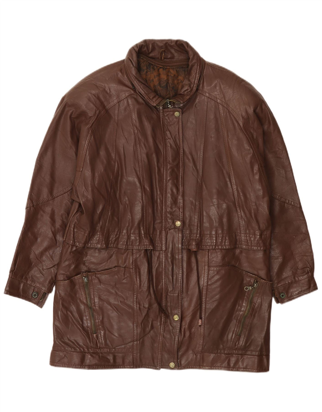 VINTAGE Γυναικείο Δερμάτινο Παλτό UK 14 Μεγάλο Καφέ