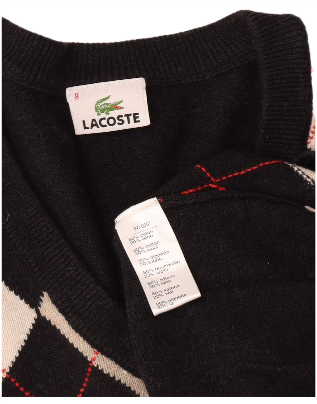 Ανδρικό πουλόβερ με λαιμόκοψη LACOSTE, μέγεθος 8 3XL Μαύρο Argyle/Διαμαντένιο Βαμβάκι