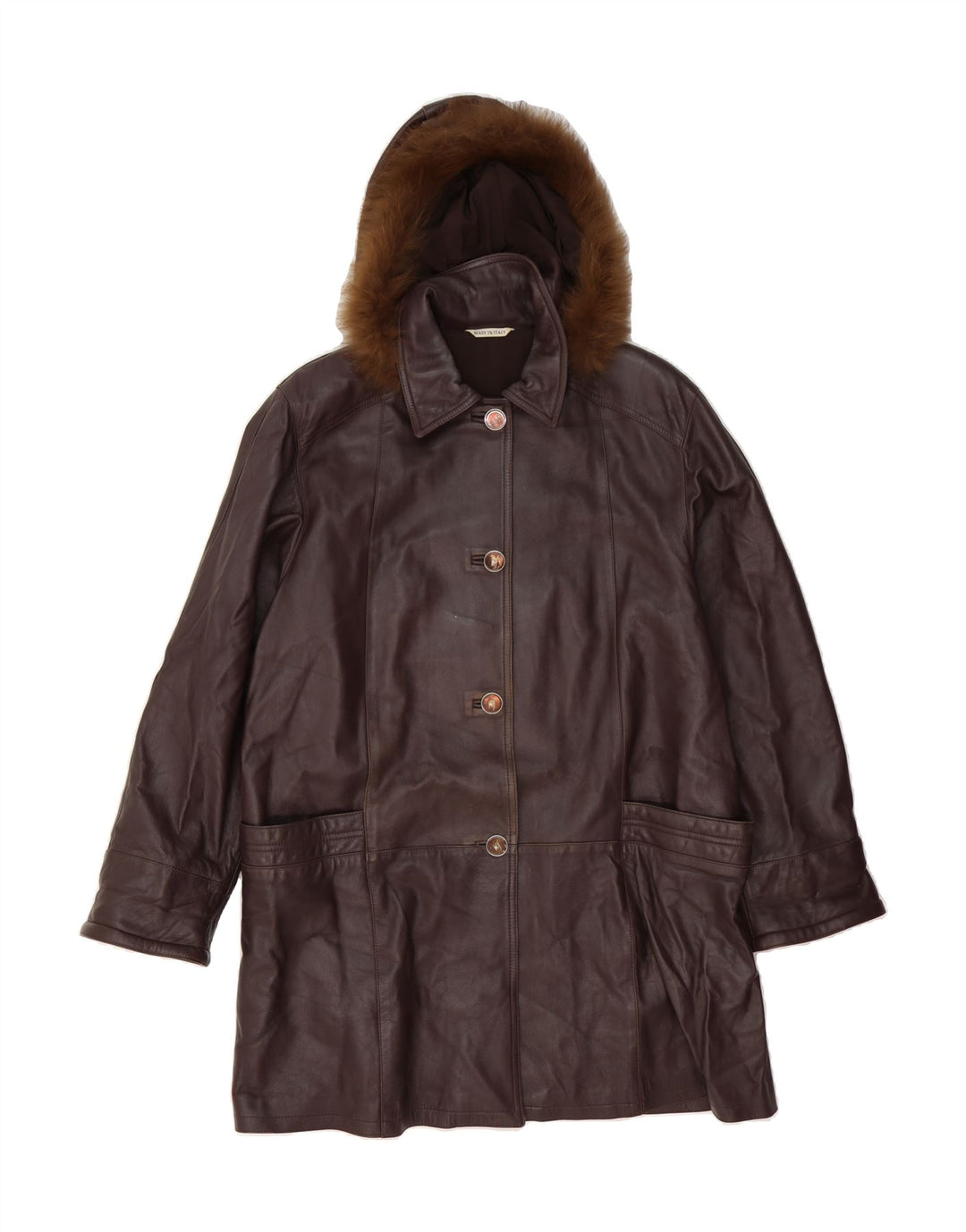 VINTAGE Womens Hooded Leather Coat IT 46 Large Brown Leather Vintage Vintage and Second-Hand Vintage from Messina Hembry 