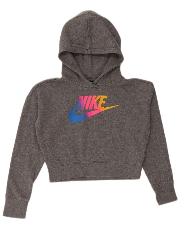 NIKE Girls Crop Graphic Hoodie Jumper 10-11 Years Medium Grey Flecked