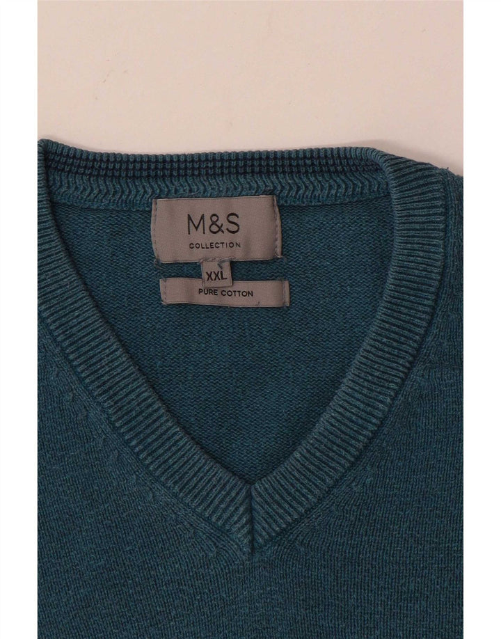 Ανδρικό πουλόβερ Marks & Spencer με V λαιμόκοψη 2XL Μπλε βαμβακερό