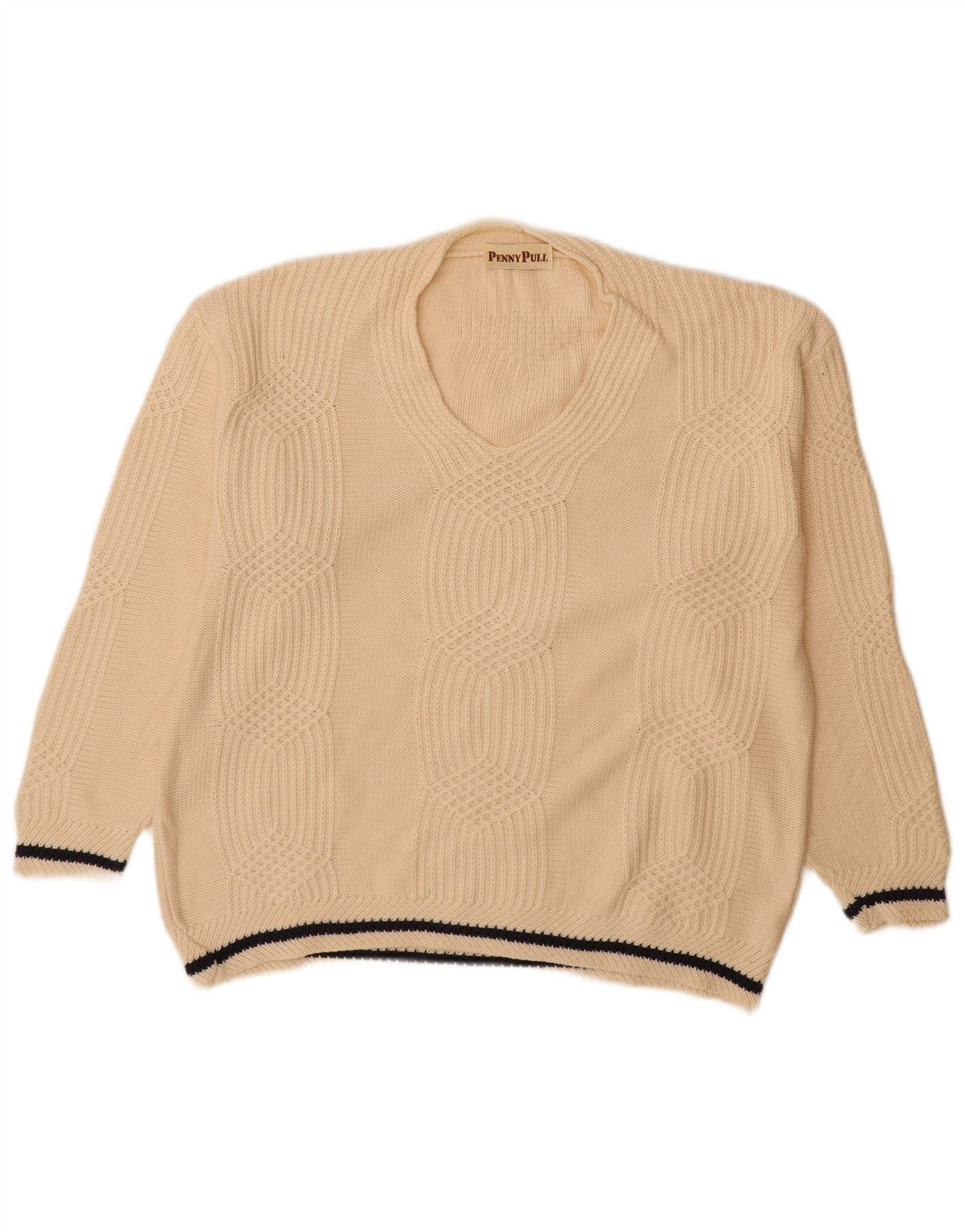 PENNY PULL Womens Oversized V-Neck Jumper Sweater UK 10 Small Beige Cotton