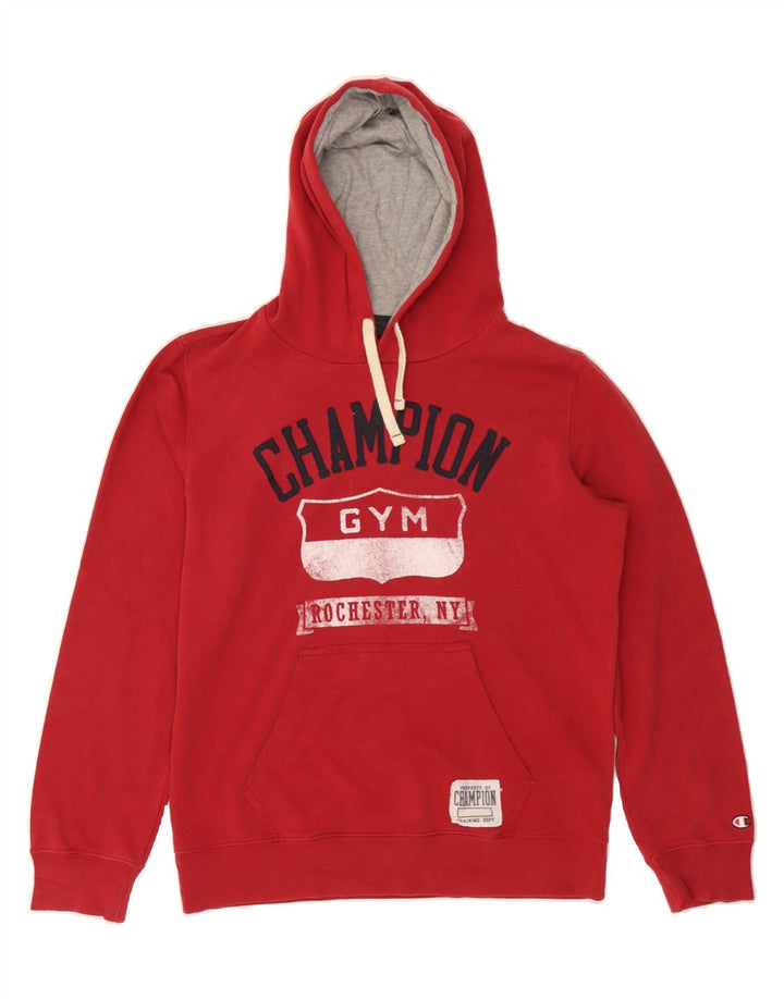CHAMPION Mens Graphic Hoodie Jumper Medium Red Cotton Vintage Champion and Second-Hand Champion from Messina Hembry 