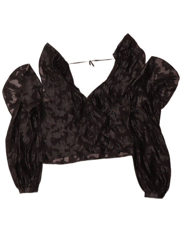 Vintage γυναικεία Crop μακρυμάνικη μπλούζα τοπ UK 14 Medium Black Floral