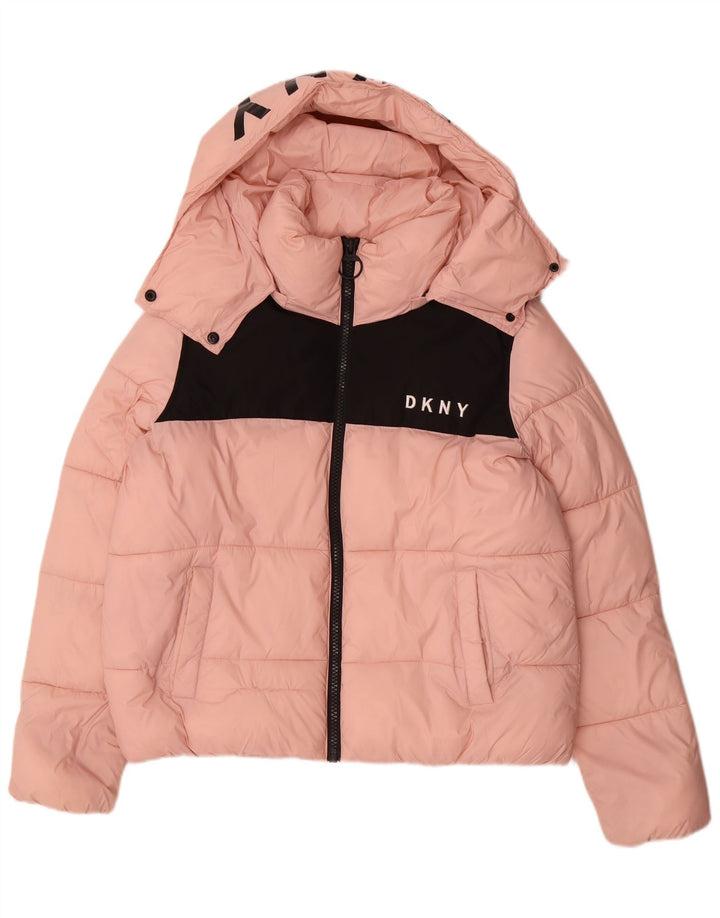 Dkny γυναικείο μεγάλο γραφικό μπουφάν με επένδυση UK 16 μεγάλο ροζ χρώμα