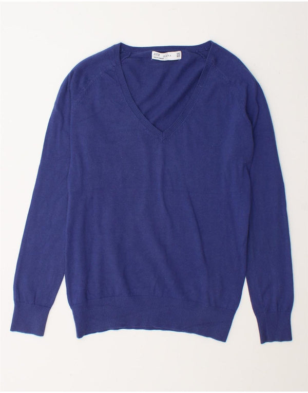 Γυναικείο πουλόβερ Zara με V λαιμόκοψη UK 18 XL Μπλε βαμβακερό