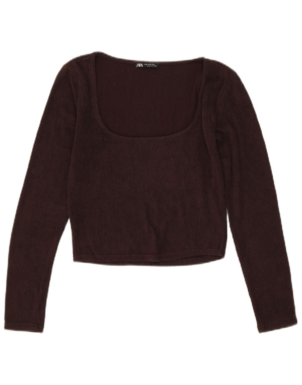 Zara Γυναικείο Crop Top Μακρυμάνικο UK 12 Μεσαίου καφέ Πολυεστέρας