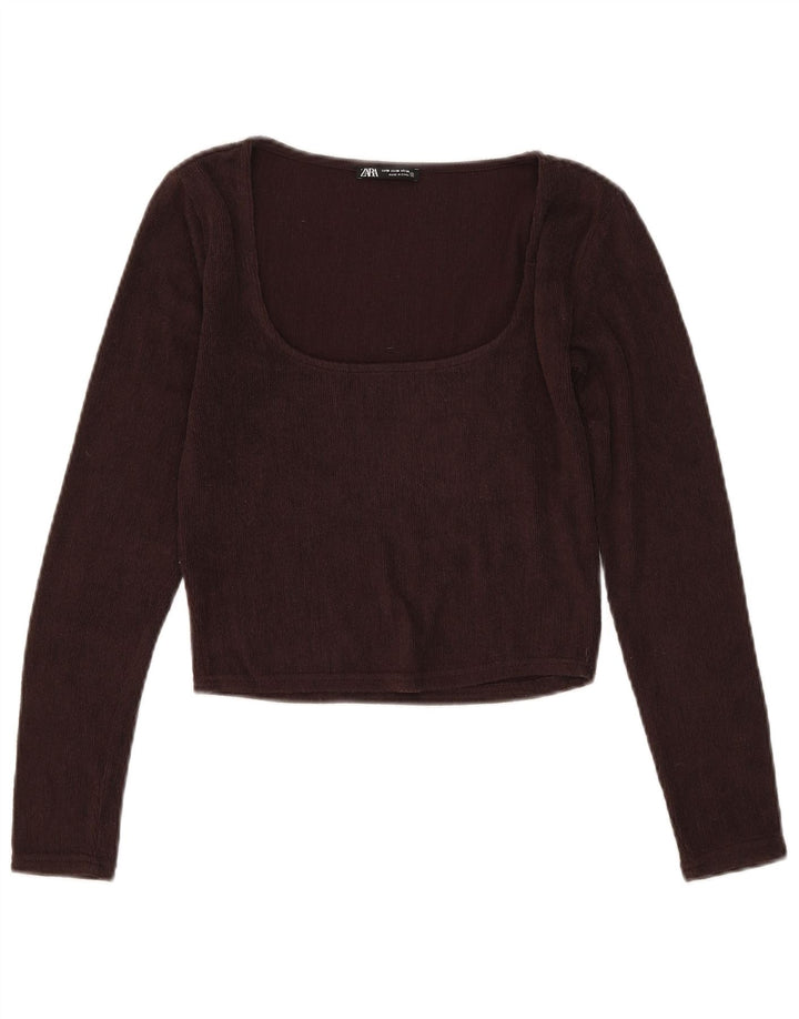 Zara Γυναικείο Crop Top Μακρυμάνικο UK 12 Μεσαίου καφέ Πολυεστέρας