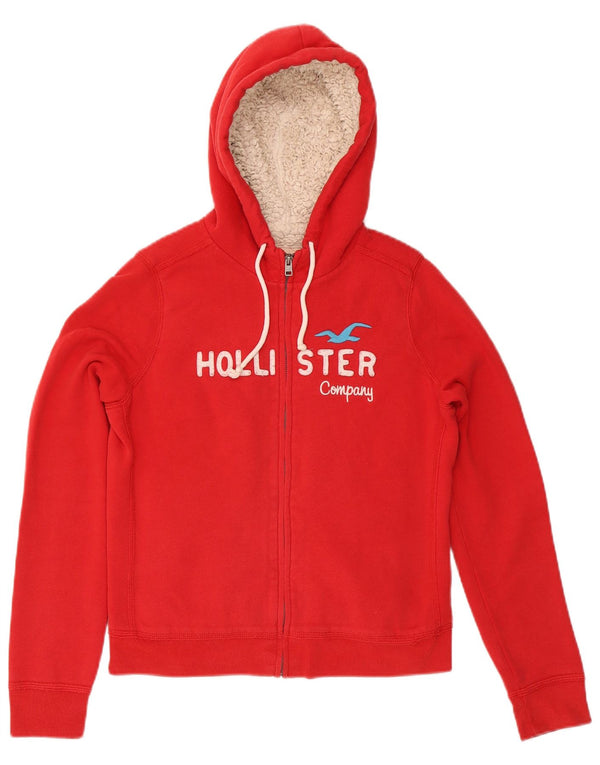 HOLLISTER Womens Graphic Zip Hoodie Sweater UK 14 Large Red Cotton