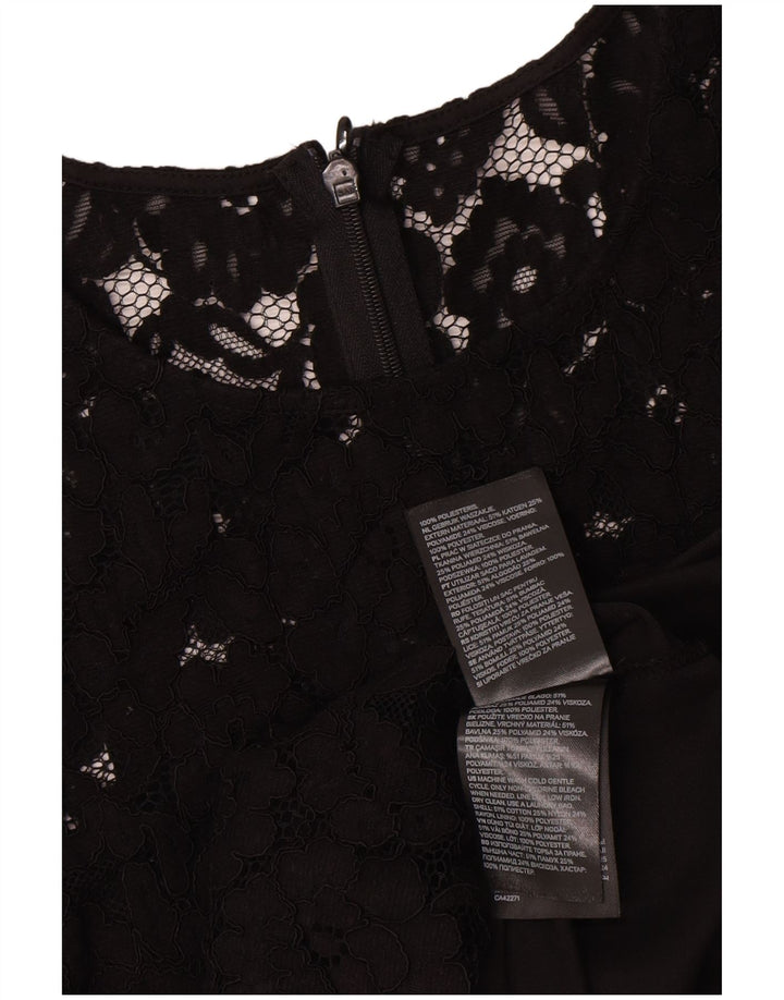 Vintage γυναικείο μακρυμάνικο φόρεμα Shift UK 12 Medium Black Floral Polyester