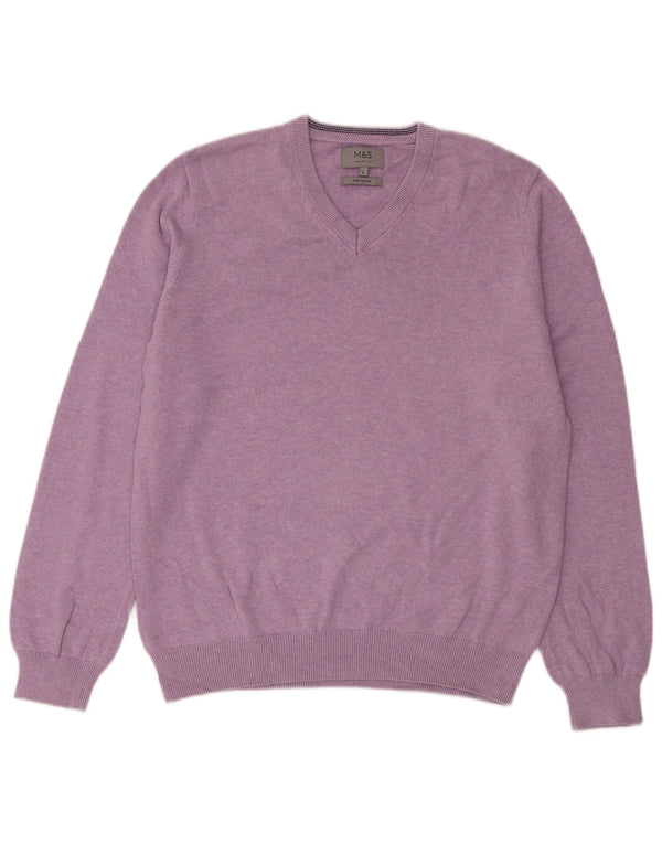 Marks & Spencer Mens V-Neck Jumper Sweater Large Purple Cotton