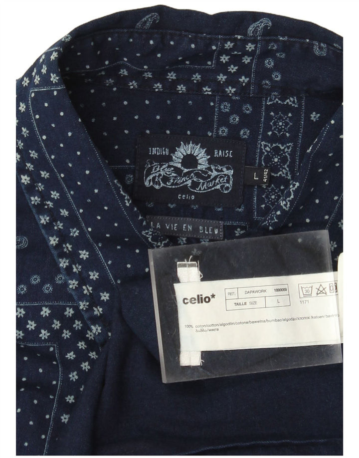 Ανδρικό Celio Indigo κοντομάνικο πουκάμισο Μεγάλο μπλε Navy Patchwork Βαμβακερό