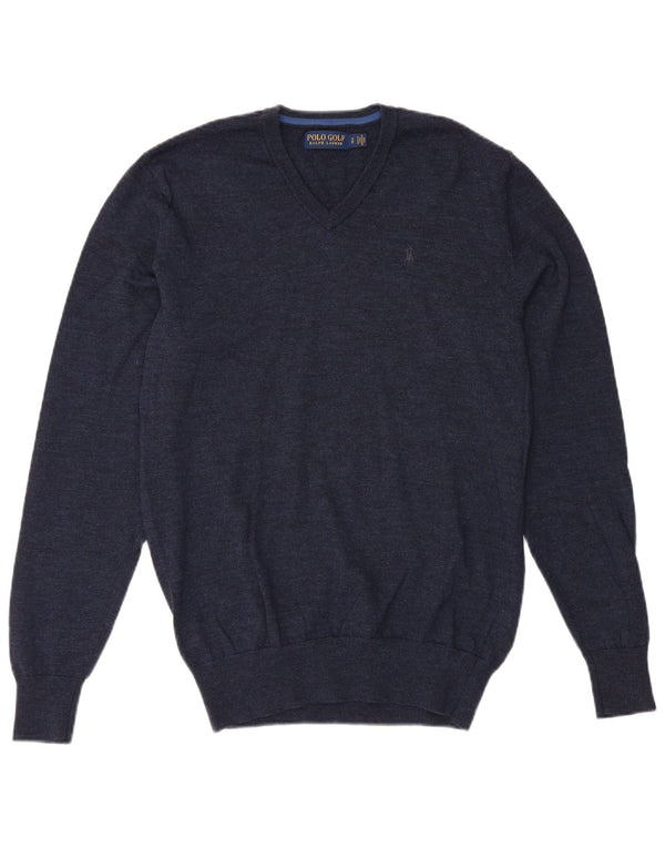 POLO RALPH LAUREN Mens V-Neck Jumper Sweater Small Navy Blue Merino Wool